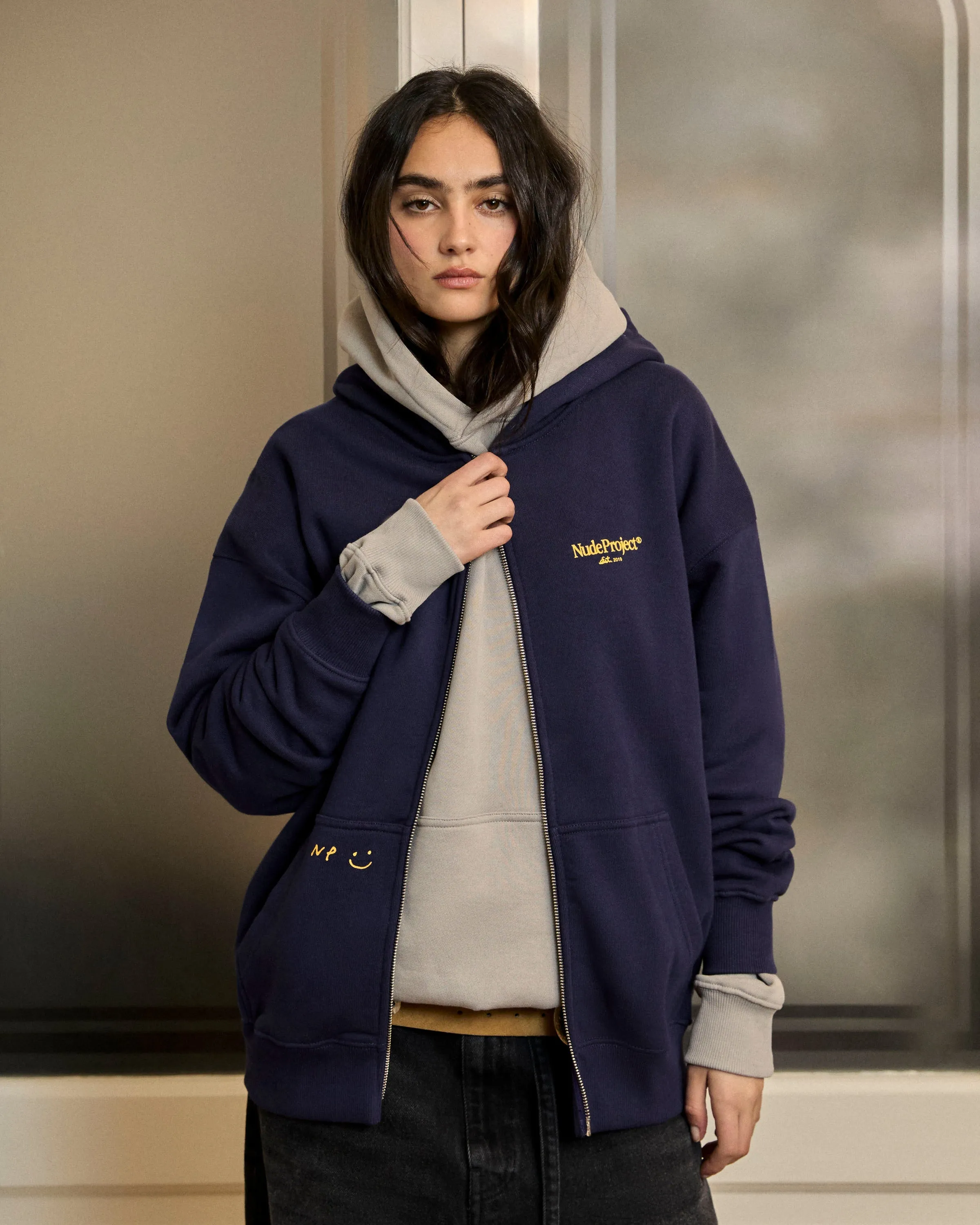 Global Soon Zip-Up Hoodie Navy Festival wear