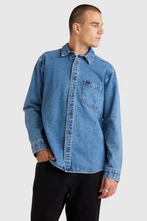 RVCA Classic Denim Long Sleeve Shirt Vintage Blue Stretchy Fit Layer Ready Fit