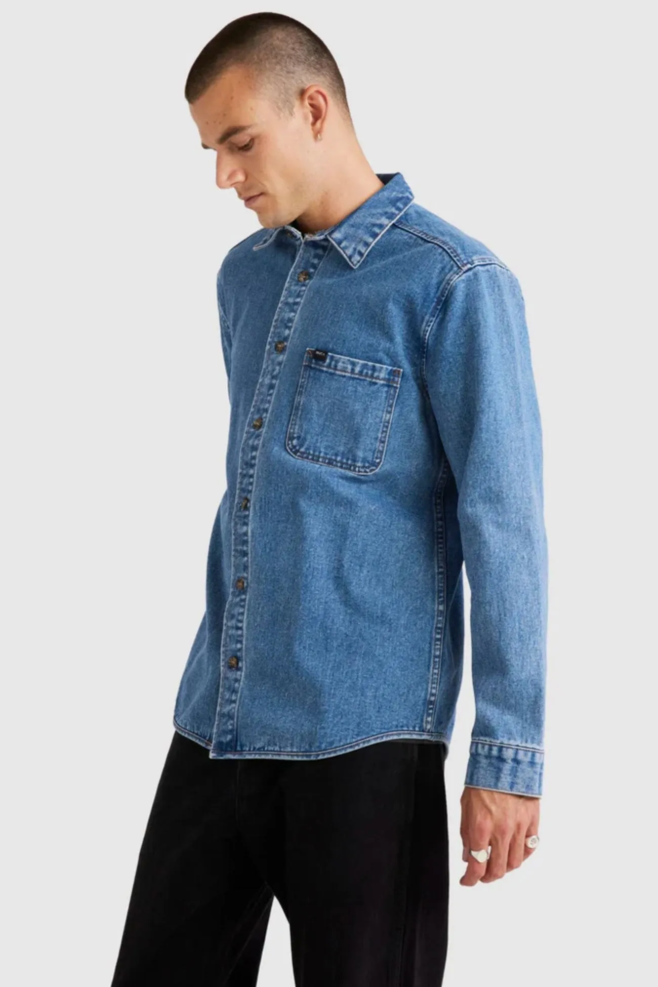 RVCA Classic Denim Long Sleeve Shirt Vintage Blue Casual Chic Tagless Design
