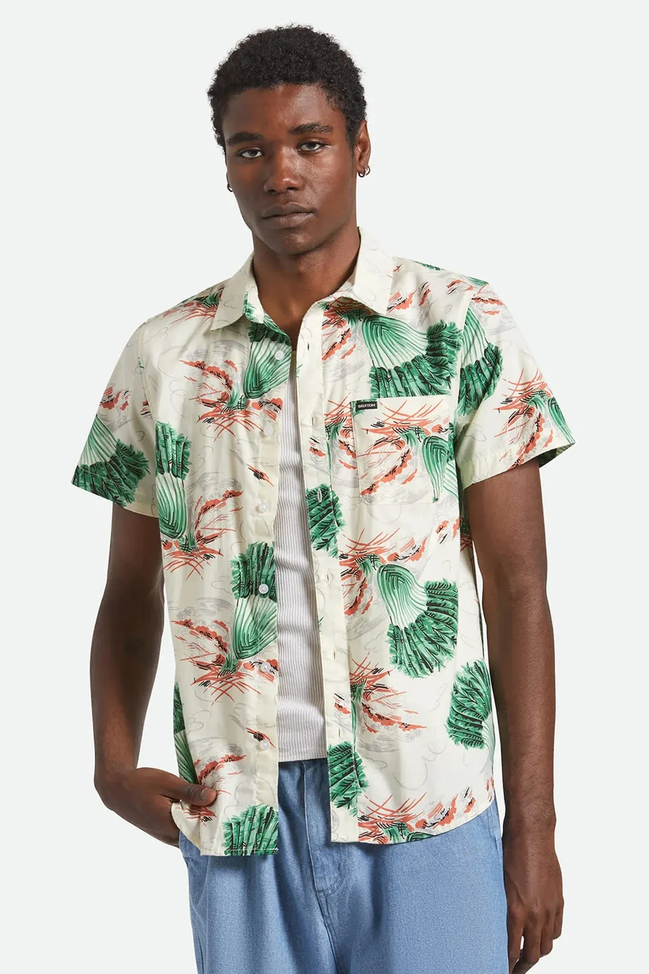 Durable Knit Structure Charter Print Short Sleeve Woven Vintage Palm Print