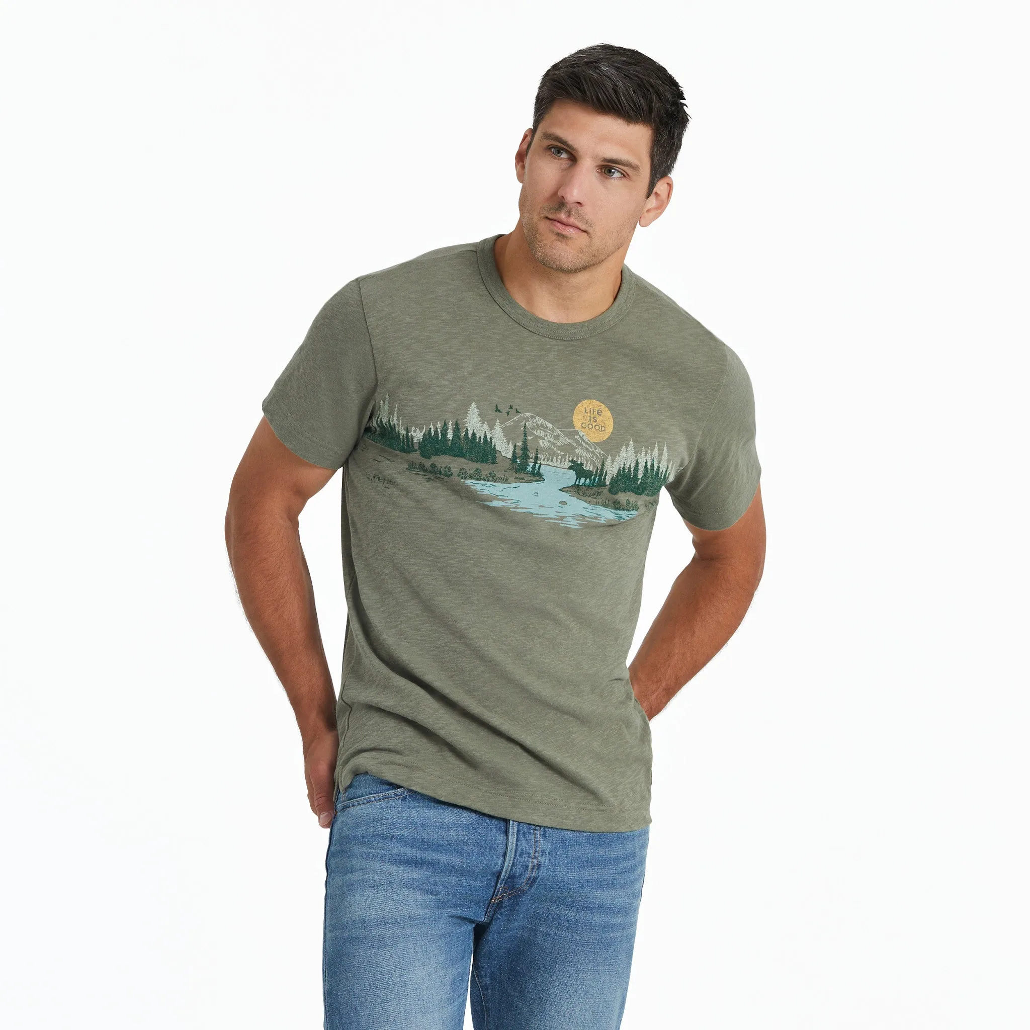 Simple Comfort Wear Trendy Basics Men's Rural Linework Landscape Slub Slim Fit Tee