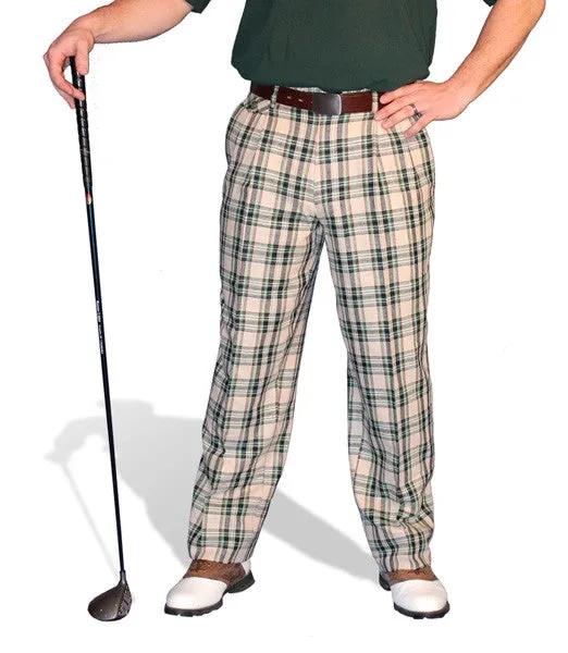 Flexible Seam Golf Knickers: Mens 'Par 5' Cotton/Ramie Plaid Golf Trousers - Khaki Stewart